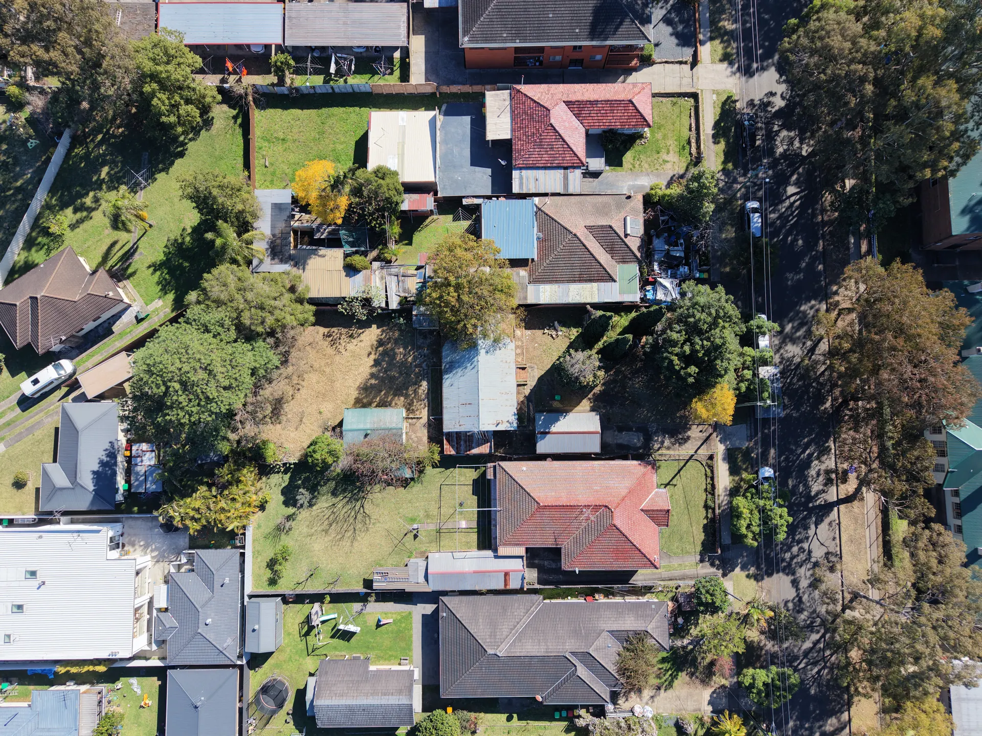 Aerial view looking down over a block of single-storey houses, backyards, garden sheds and mature trees, with a road running along one side of the frame.